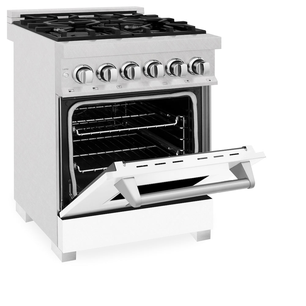 ZLINE 24 in. 2.8 cu. ft. Dual Fuel Range with Gas Stove and Electric Oven in Fingerprint Resistant Stainless Steel and White Matte Door (RAS-WM-24) side, oven half open.