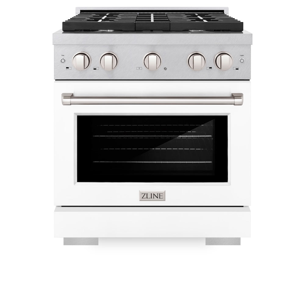 ZLINE 30 in. 4.2 cu. ft. Paramount Dual Fuel Range with 4 Burner Gas Cooktop and Electric Convection Oven in DuraSnow® Stainless Steel with White Matte Door (SDRS-WM-30) front, oven closed.