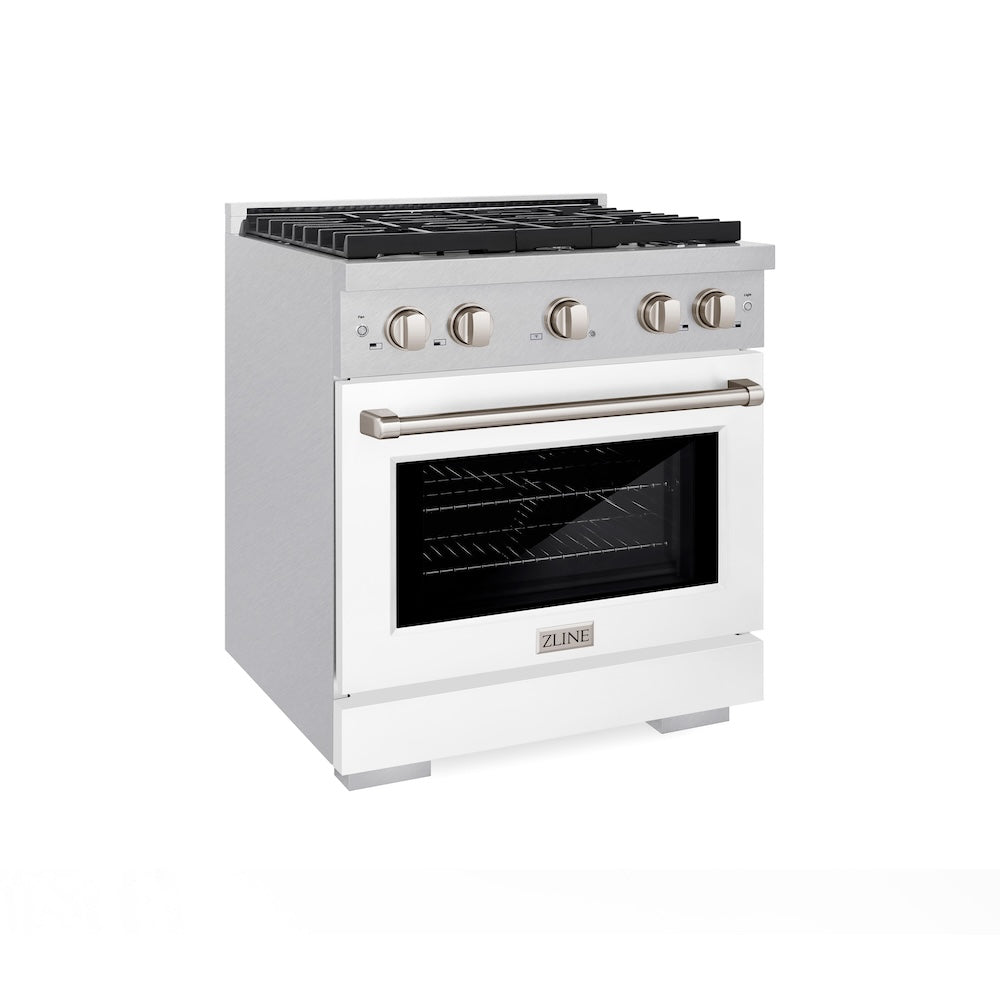 ZLINE 30 in. 4.2 cu. ft. Paramount Dual Fuel Range with 4 Burner Gas Cooktop and Electric Convection Oven in DuraSnow® Stainless Steel with White Matte Door (SDRS-WM-30) side, oven closed.