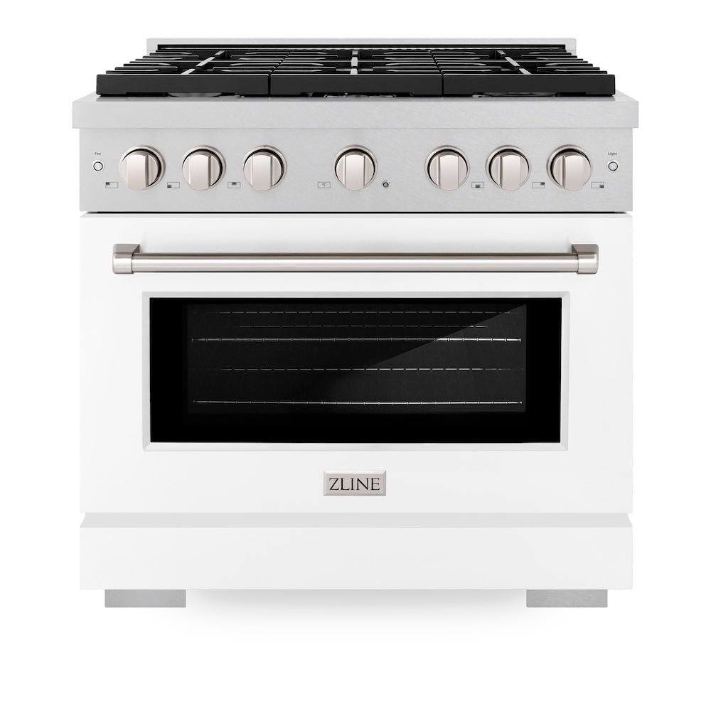 ZLINE 36 in. 5.2 cu. ft. Paramount Dual Fuel Range with 6 Burner Gas Cooktop and Electric Convection Oven in DuraSnow® Stainless Steel with White Matte Door (SDRS-WM-36) front, oven closed.