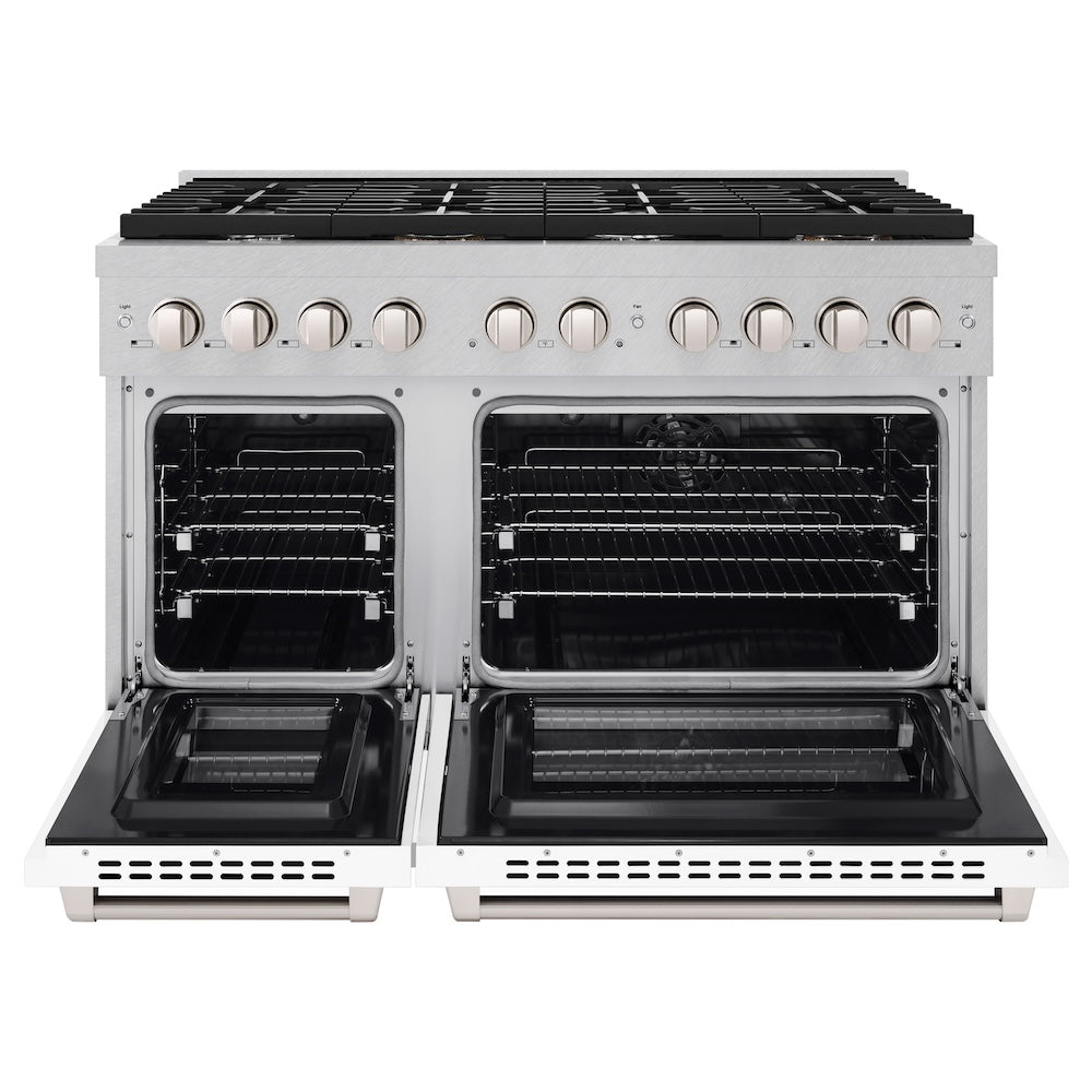 ZLINE 48 in. 6.7 cu. ft. Paramount Double Oven Dual Fuel Range with 8 Burner Gas Cooktop in DuraSnow® Stainless Steel with White Matte Doors (SDRS-WM-48) front, oven open.