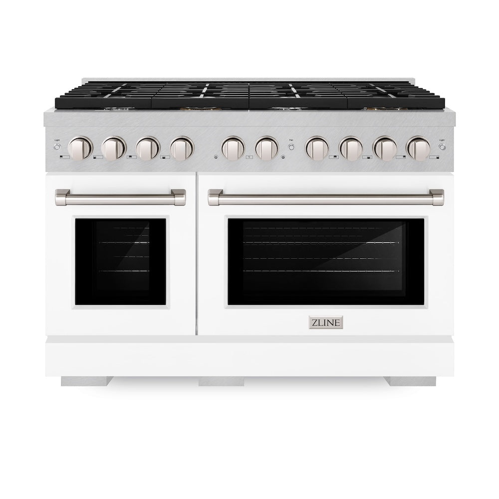 ZLINE 48 in. 6.7 cu. ft. Paramount Double Oven Dual Fuel Range with 8 Burner Gas Cooktop in DuraSnow® Stainless Steel with White Matte Doors (SDRS-WM-48) front, oven closed.