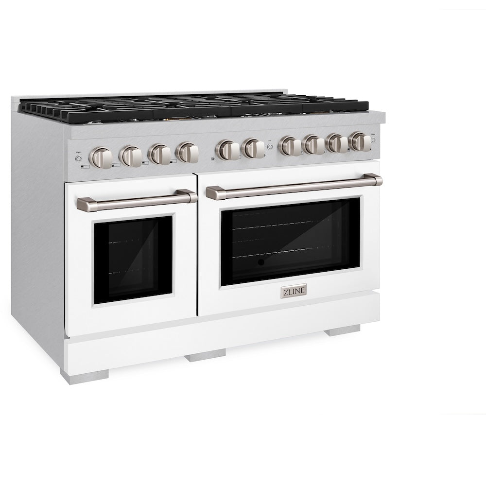 ZLINE 48 in. 6.7 cu. ft. Paramount Double Oven Dual Fuel Range with 8 Burner Gas Cooktop in DuraSnow® Stainless Steel with White Matte Doors (SDRS-WM-48) side, oven closed.