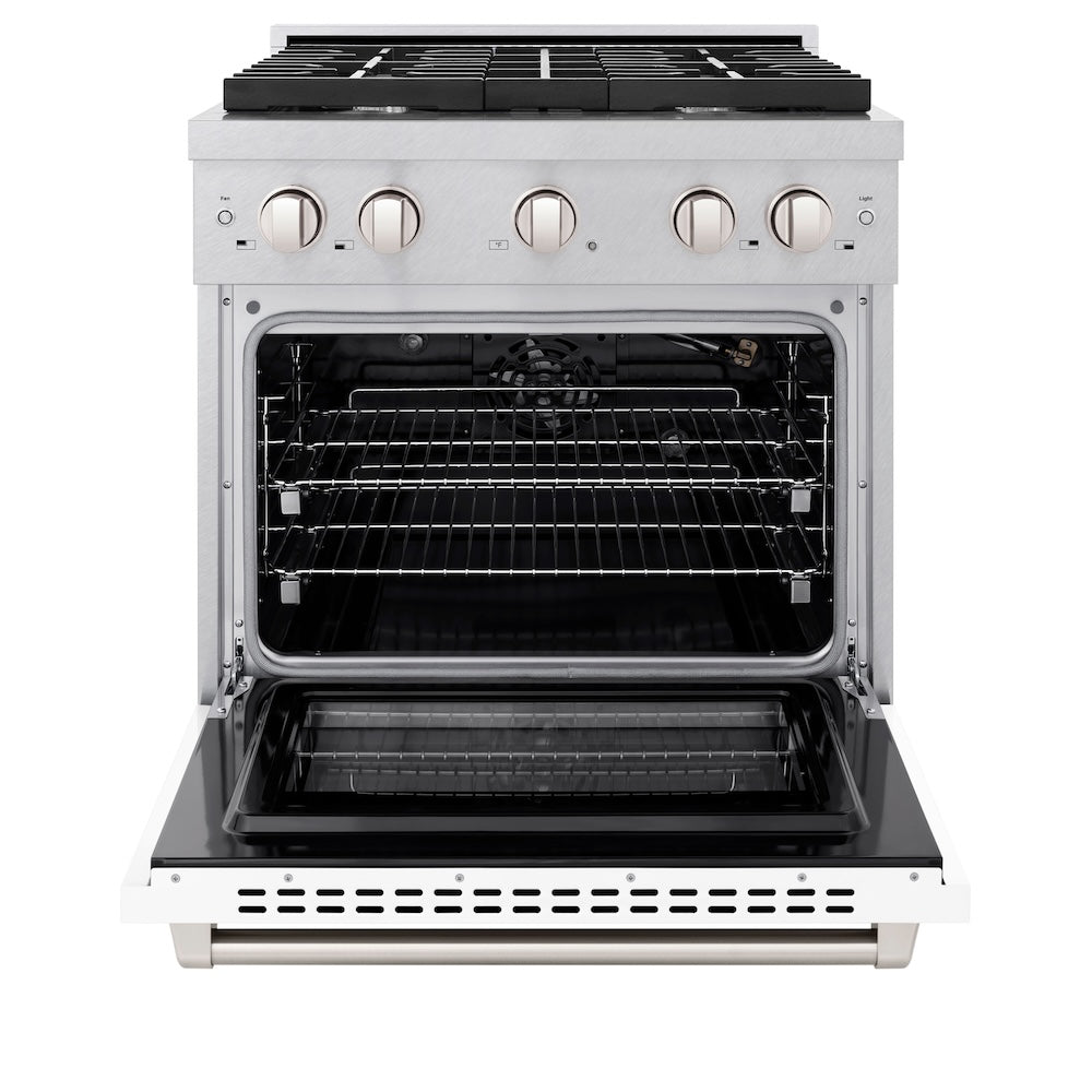 ZLINE 30 in. 4.2 cu. ft. Paramount Gas Range with 4 Burner Cooktop and Convection Gas Oven in DuraSnow® Stainless Steel with White Matte Door (SGRS-WM-30) front, oven open.