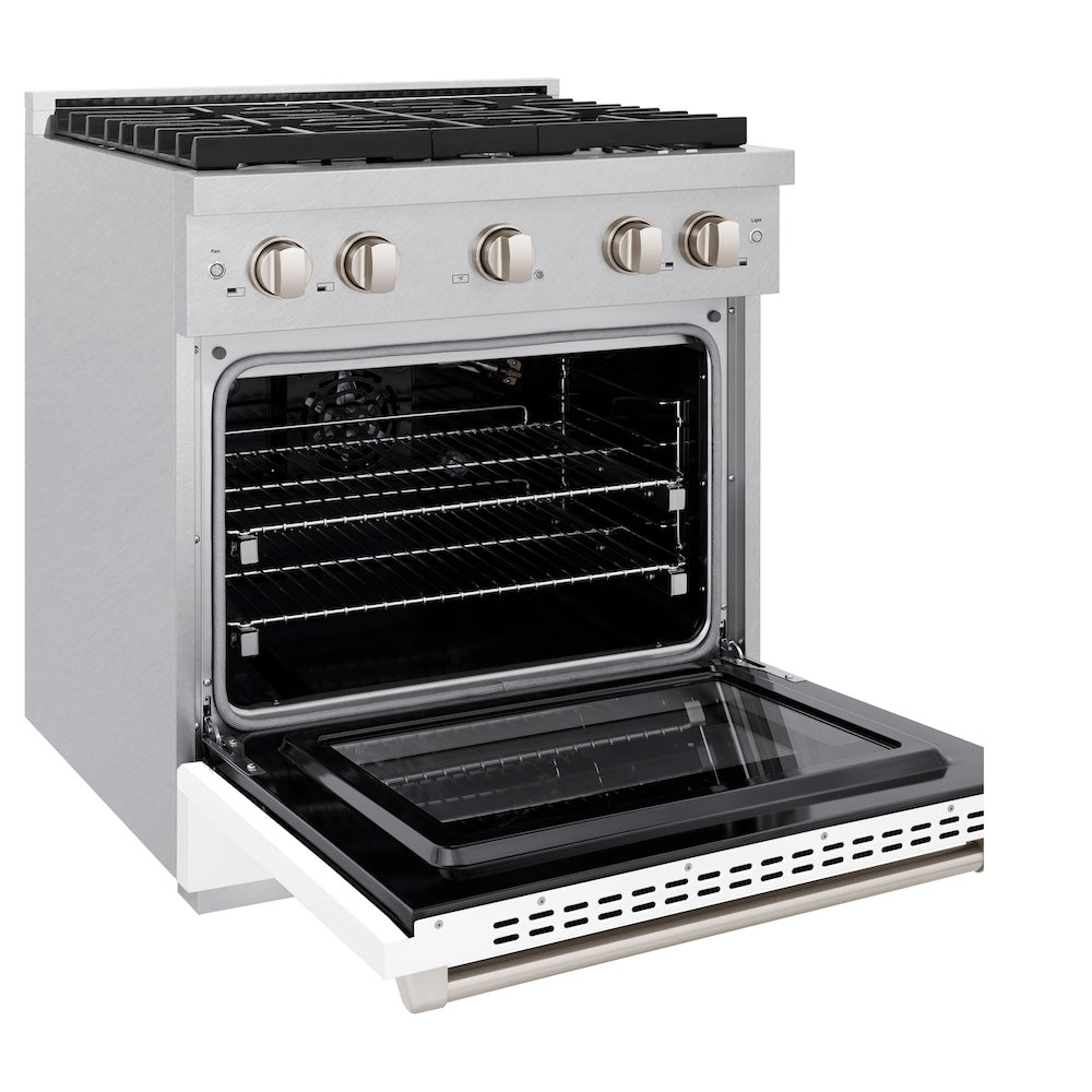 ZLINE 30 in. 4.2 cu. ft. Paramount Gas Range with 4 Burner Cooktop and Convection Gas Oven in DuraSnow® Stainless Steel with White Matte Door (SGRS-WM-30) side, oven open.