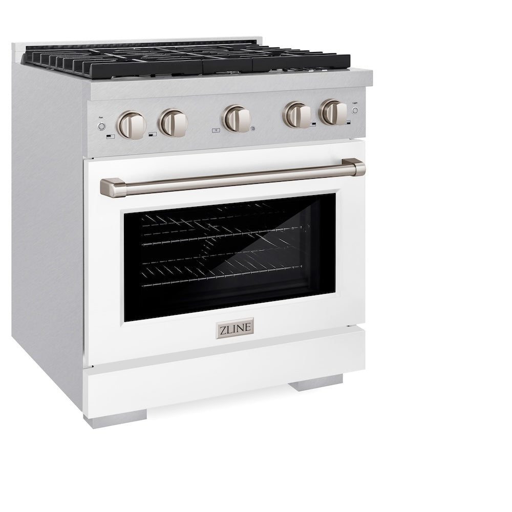 ZLINE 30 in. 4.2 cu. ft. Paramount Gas Range with 4 Burner Cooktop and Convection Gas Oven in DuraSnow® Stainless Steel with White Matte Door (SGRS-WM-30) side, oven closed.