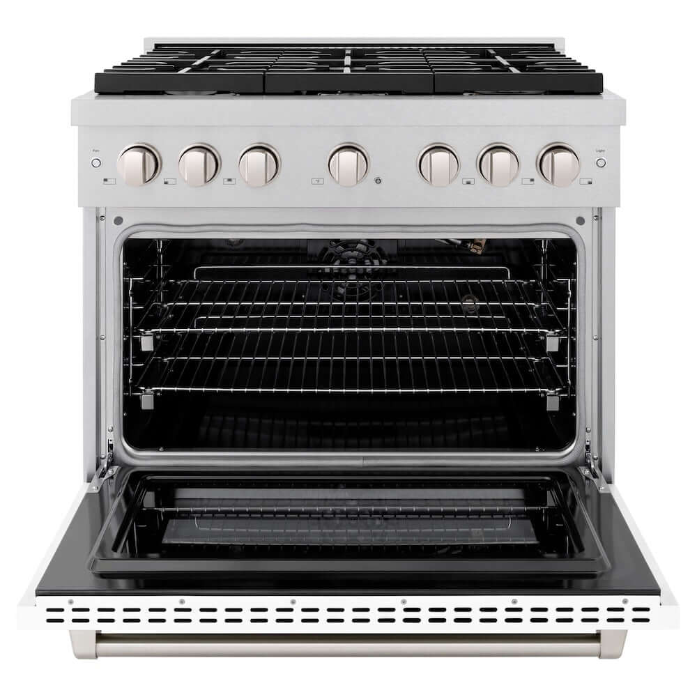 ZLINE 36 in. 5.2 cu. ft. Paramount Gas Range with 6 Burner Cooktop and Convection Gas Oven in DuraSnow® Stainless Steel with White Matte Door (SGRS-WM-36) front, oven open.