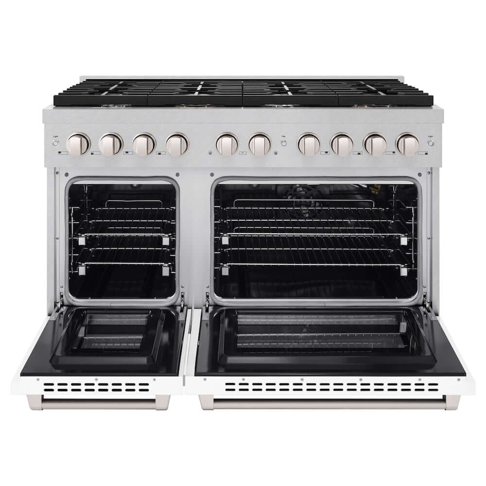 ZLINE 48 in. 6.7 cu. ft. 8 Burner Double Oven Gas Range in DuraSnow® Stainless Steel with White Matte Doors (SGRS-WM-48) front, oven open.