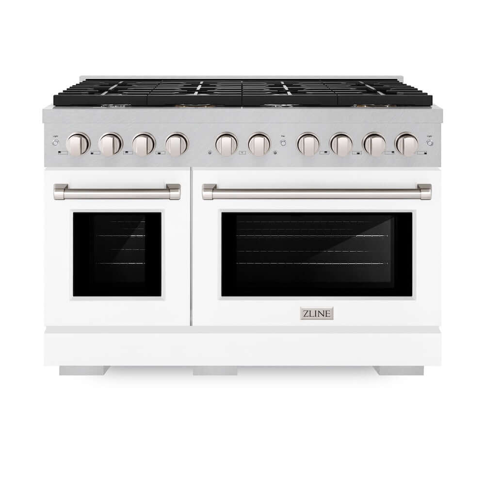 ZLINE 48 in. 6.7 cu. ft. Paramount Double Oven Gas Range with 8 Burner Cooktop in DuraSnow® Stainless Steel with White Matte Doors (SGRS-WM-48) front, oven closed.