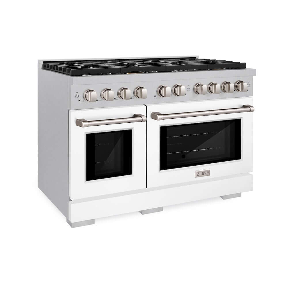 ZLINE 48 in. 6.7 cu. ft. 8 Burner Double Oven Gas Range in DuraSnow® Stainless Steel with White Matte Doors (SGRS-WM-48) 