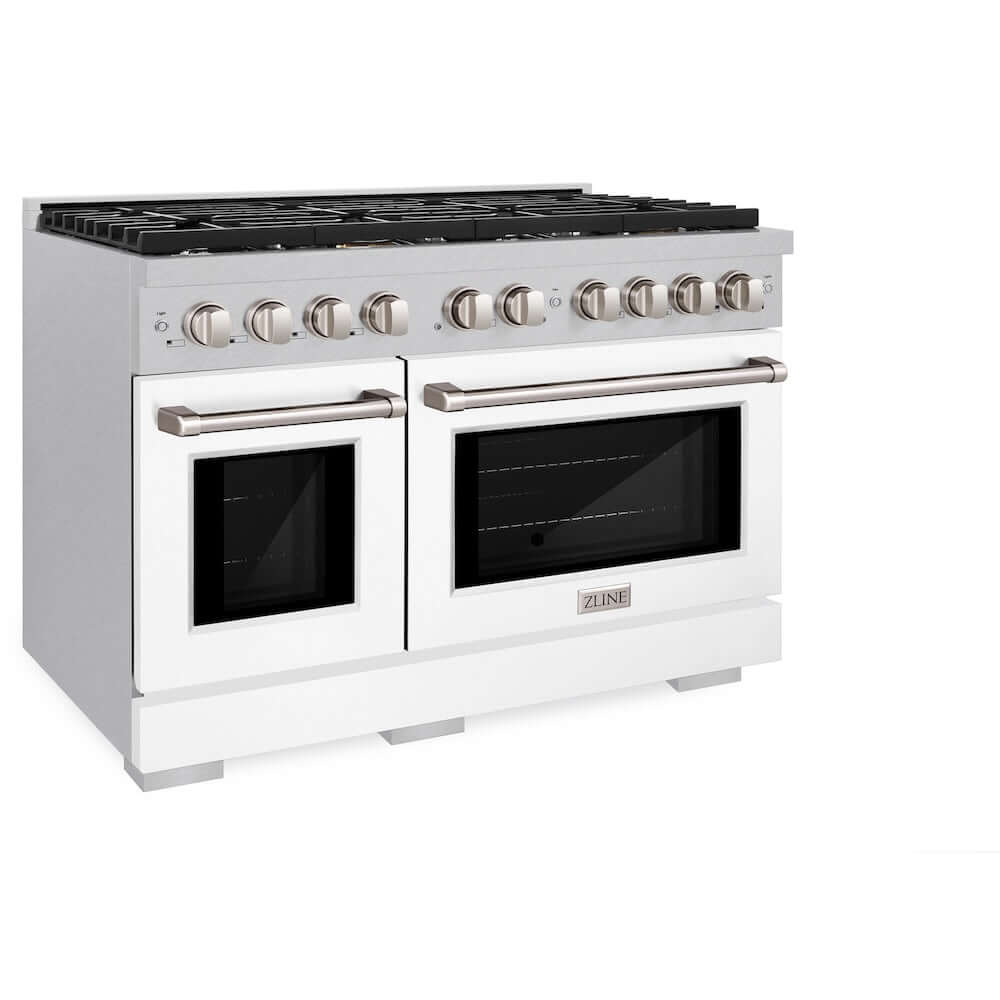 ZLINE 48 in. 6.7 cu. ft. Paramount Double Oven Gas Range with 8 Burner Cooktop in DuraSnow® Stainless Steel with White Matte Doors (SGRS-WM-48) side, oven closed.