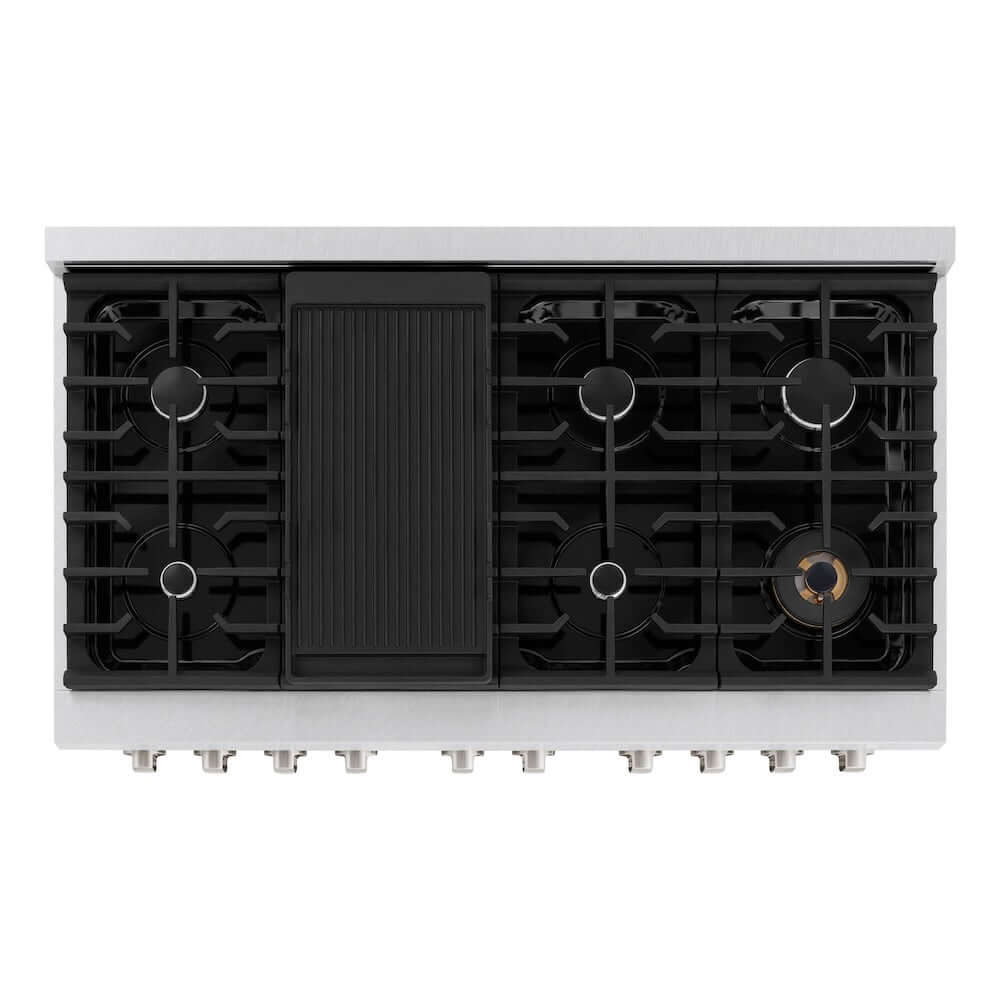 ZLINE 48 in. 6.7 cu. ft. 8 Burner Double Oven Gas Range in DuraSnow® Stainless Steel with White Matte Doors (SGRS-WM-48) from above showing cooktop.