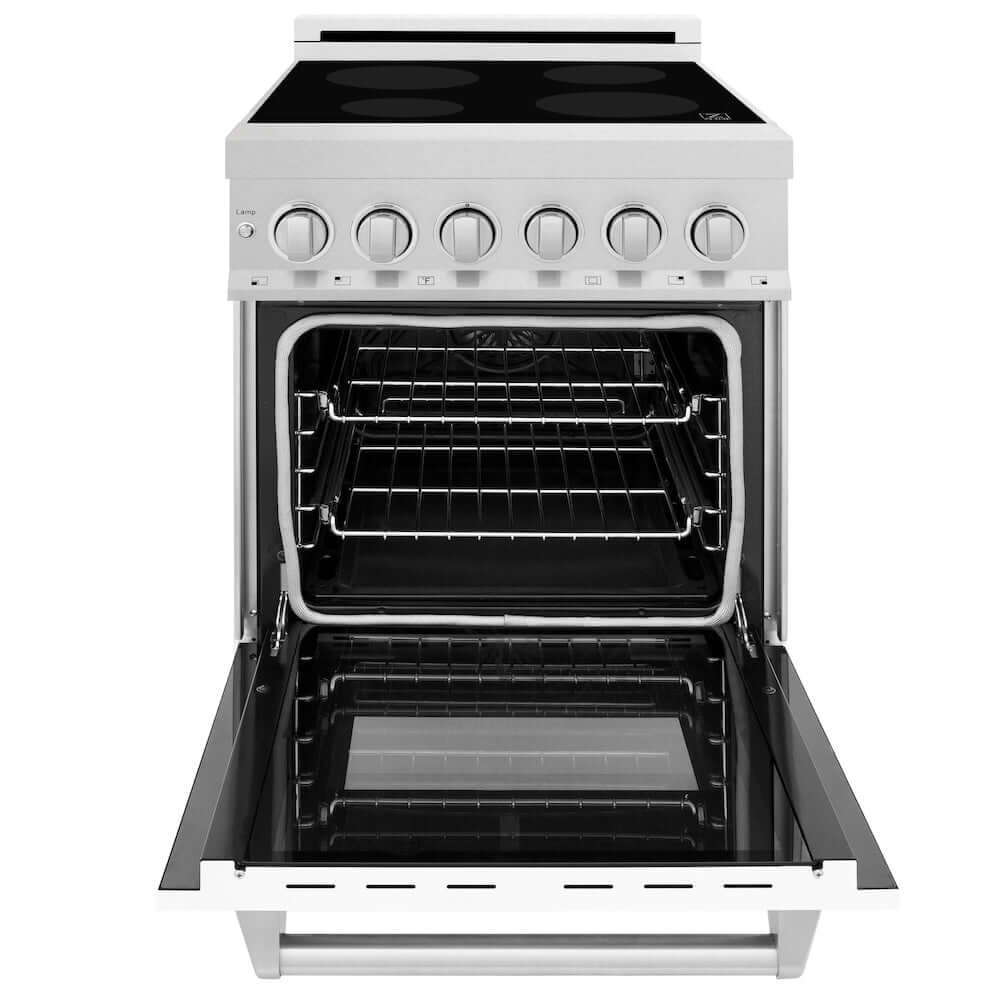 ZLINE 24 in. 2.8 cu. ft. Induction Range with a 4 Element Stove and Electric Oven in White Matte (RAINDS-WM-24) front, oven open.