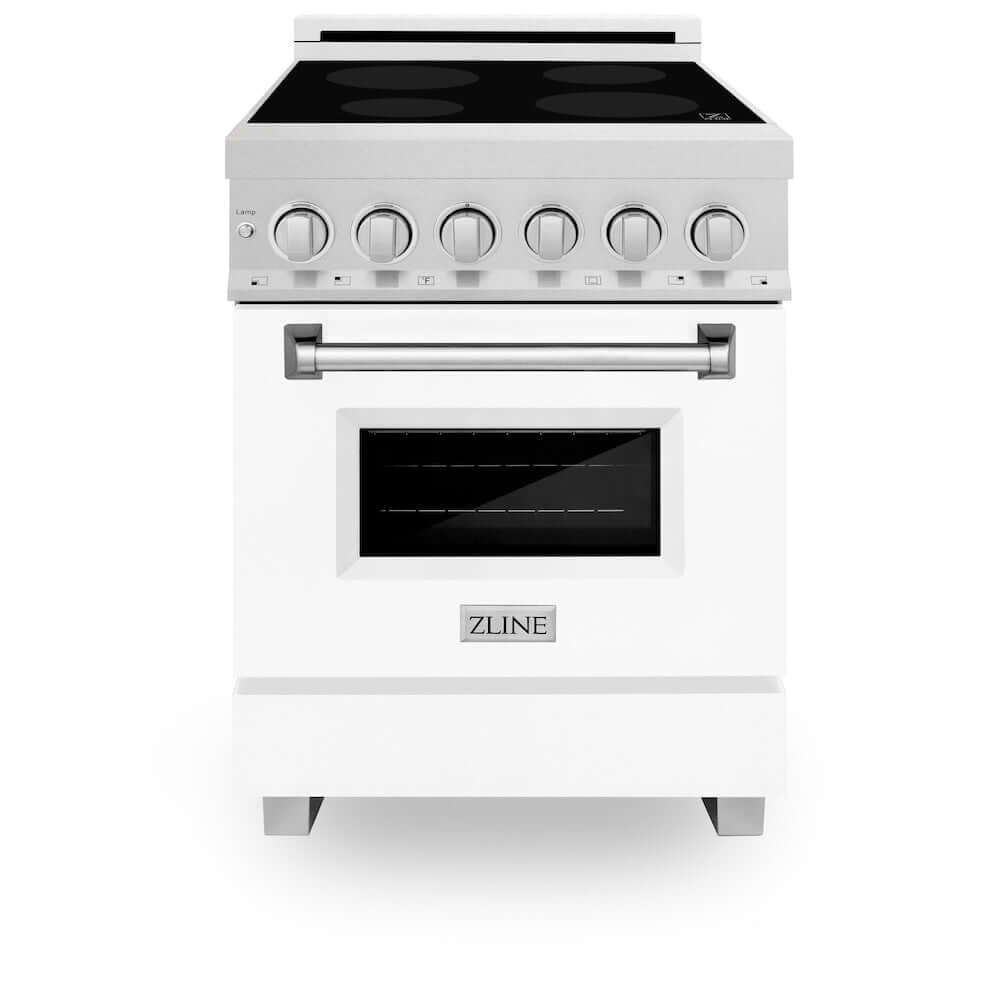 ZLINE 24 in. 2.8 cu. ft. Legacy Induction Range with 4 Element Cooktop and Electric Oven in DuraSnow® Stainless Steel and White Matte Door (RAINDS-WM-24) front, oven closed.