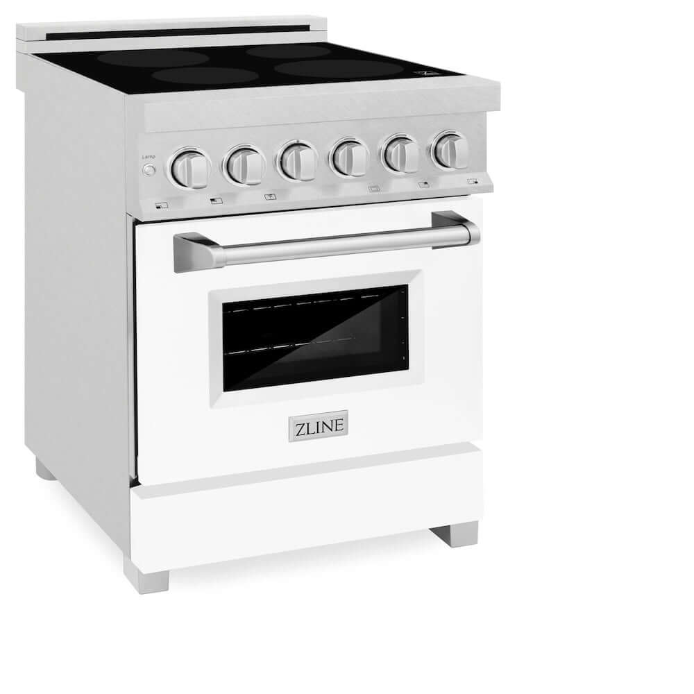 ZLINE 24 in. 2.8 cu. ft. Induction Range with a 4 Element Stove and Electric Oven in White Matte (RAINDS-WM-24) side, oven closed.