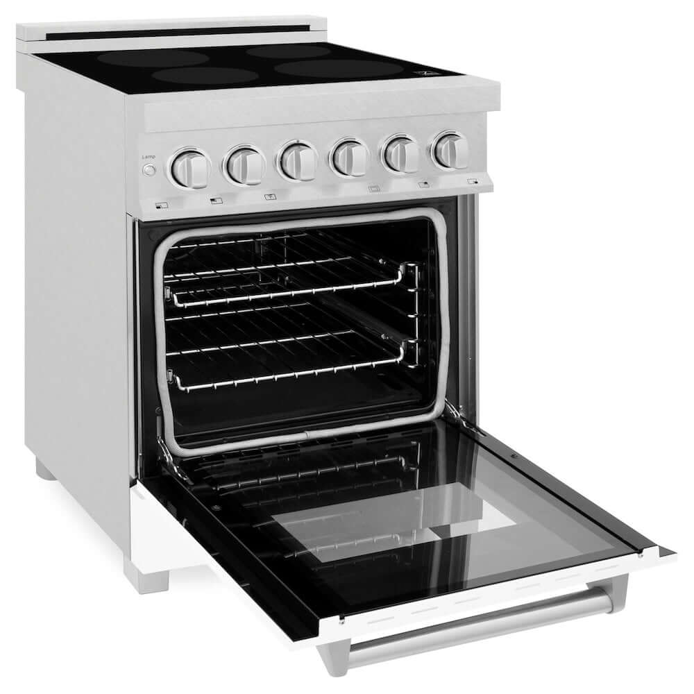 ZLINE 24 in. 2.8 cu. ft. Induction Range with a 4 Element Stove and Electric Oven in White Matte (RAINDS-WM-24) side, oven open.