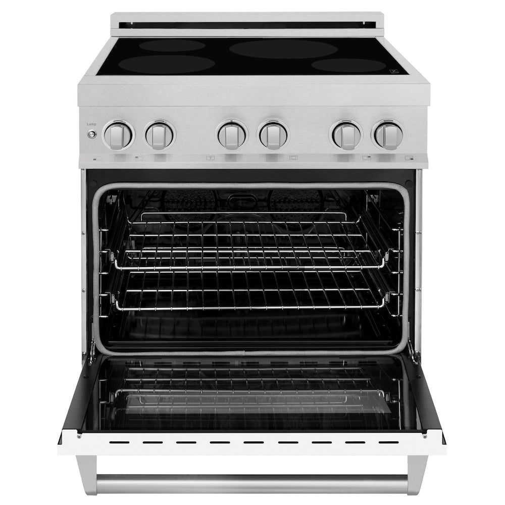 ZLINE 30 in. 4.0 cu. ft. Legacy Induction Range with 4 Element Cooktop and Electric Oven in DuraSnow® Stainless Steel and White Matte Door (RAINDS-WM-30) front, oven open.