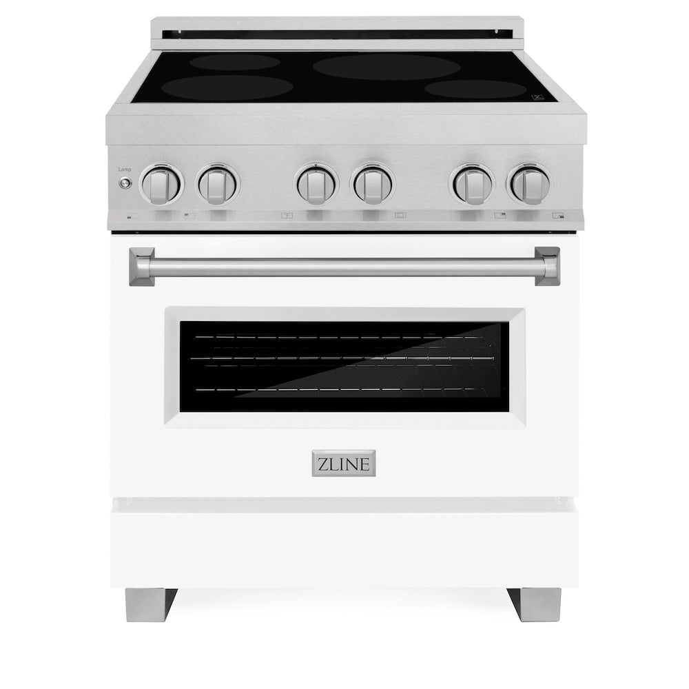 ZLINE 30 in. 4.0 cu. ft. Legacy Induction Range with 4 Element Cooktop and Electric Oven in DuraSnow® Stainless Steel and White Matte Door (RAINDS-WM-30) front, oven closed.