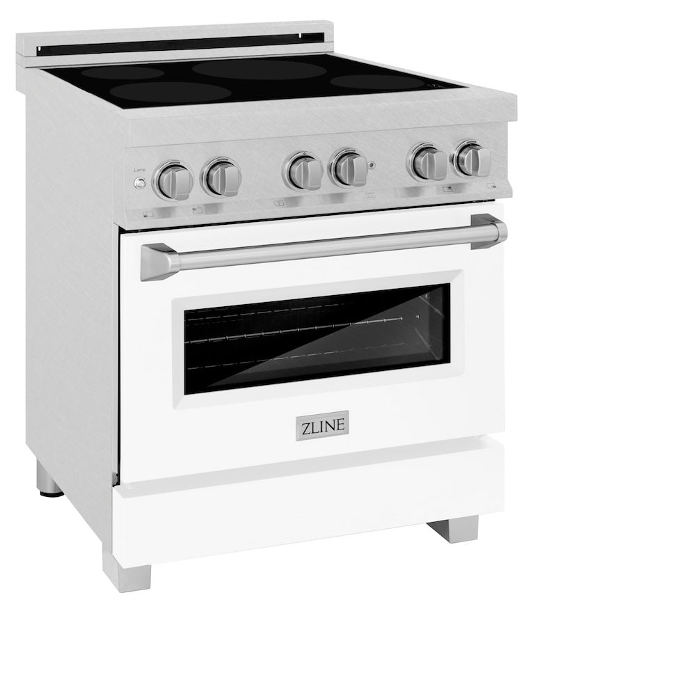 ZLINE 30 in. 4.0 cu. ft. Legacy Induction Range with 4 Element Cooktop and Electric Oven in DuraSnow® Stainless Steel and White Matte Door (RAINDS-WM-30) side, oven closed.