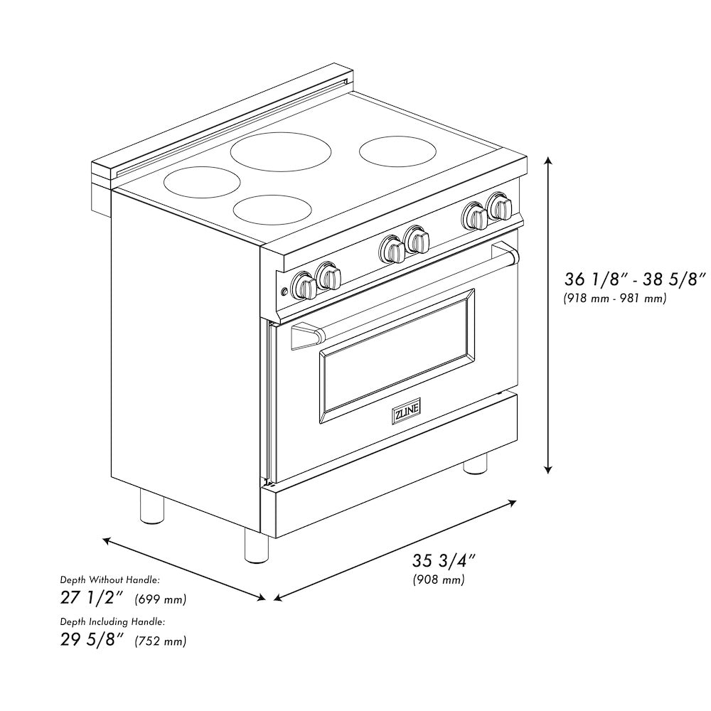 ZLINE 36 in. 4.6 cu. ft. Induction Range with a 5 Element Stove and Electric Oven in White Matte (RAINDS-WM-36) dimensional diagram with measurements.