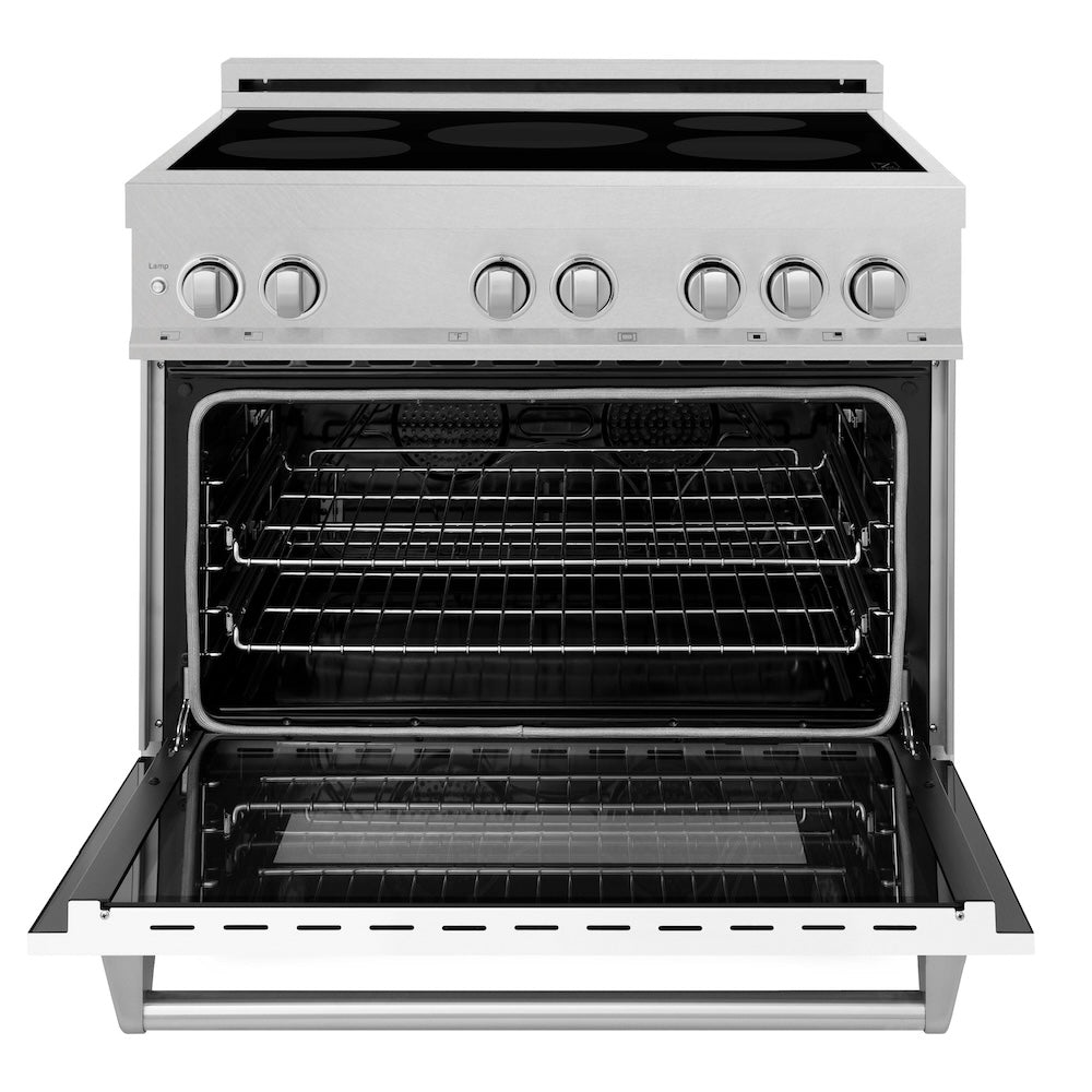 ZLINE 36 in. 4.6 cu. ft. Induction Range with a 5 Element Stove and Electric Oven in White Matte (RAINDS-WM-36) front, oven open.