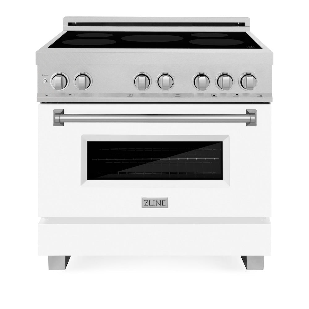 ZLINE 36 in. 4.6 cu. ft. Induction Range with a 5 Element Stove and Electric Oven in White Matte (RAINDS-WM-36) front, oven closed.