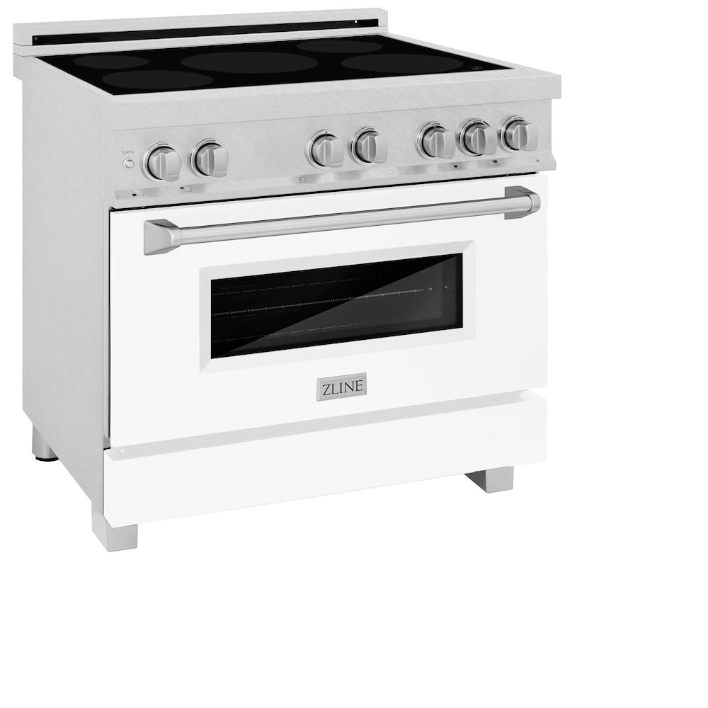 ZLINE 36 in. 4.6 cu. ft. Legacy Induction Range with 5 Element Cooktop and Electric Oven in DuraSnow® Stainless Steel and White Matte Door (RAINDS-WM-36) side, oven closed.