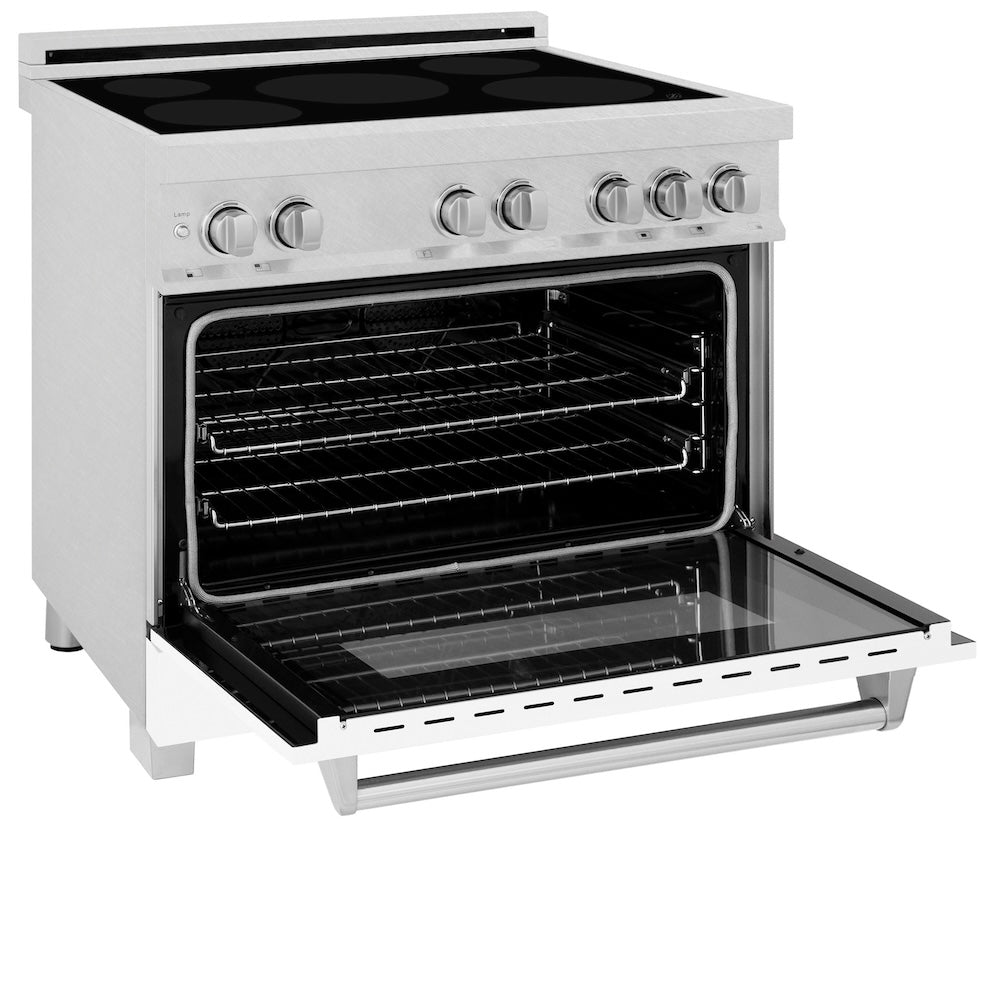 ZLINE 36 in. 4.6 cu. ft. Induction Range with a 5 Element Stove and Electric Oven in White Matte (RAINDS-WM-36) side, oven open.