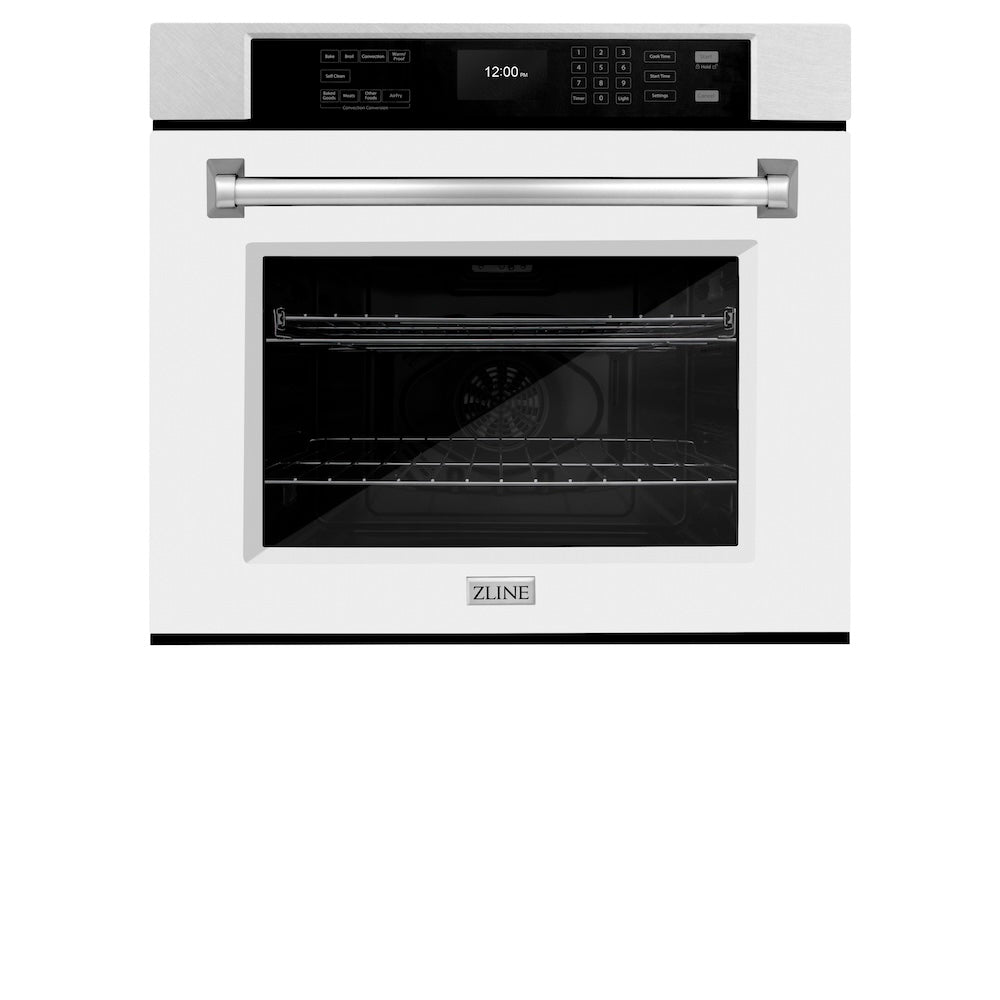 ZLINE 30 in. Professional True Convection Single Wall Oven with Air Fry and Self Clean in DuraSnow® Stainless Steel with White Matte Door (WASS-WM-30) front, oven closed.