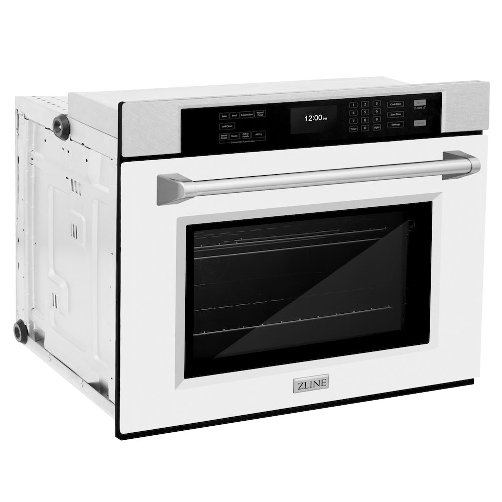 ZLINE 30 in. Professional True Convection Single Wall Oven with Air Fry and Self Clean in DuraSnow® Stainless Steel with White Matte Door (WASS-WM-30) side, oven closed.