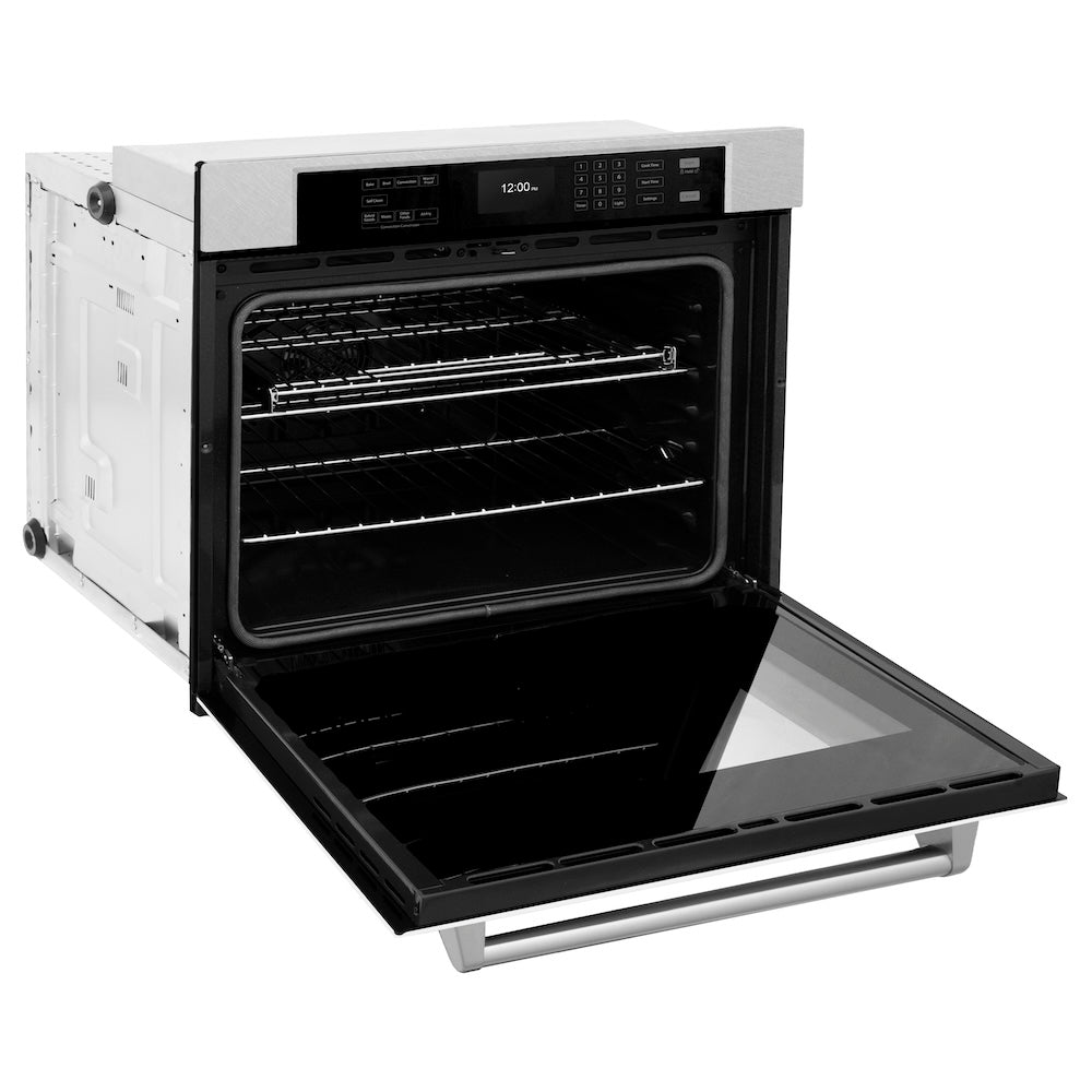 ZLINE 30 in. Professional True Convection Single Wall Oven with Air Fry and Self Clean in DuraSnow® Stainless Steel with White Matte Door (WASS-WM-30) side, oven open.