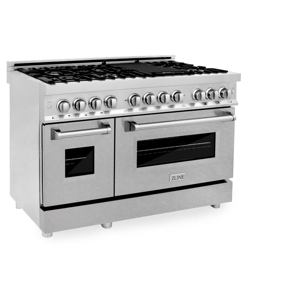 ZLINE 48 in. Kitchen Package with Stainless Steel Dual Fuel Range with DuraSnow® Doors and Convertible Vent Range Hood (2KP-RASNRH48)