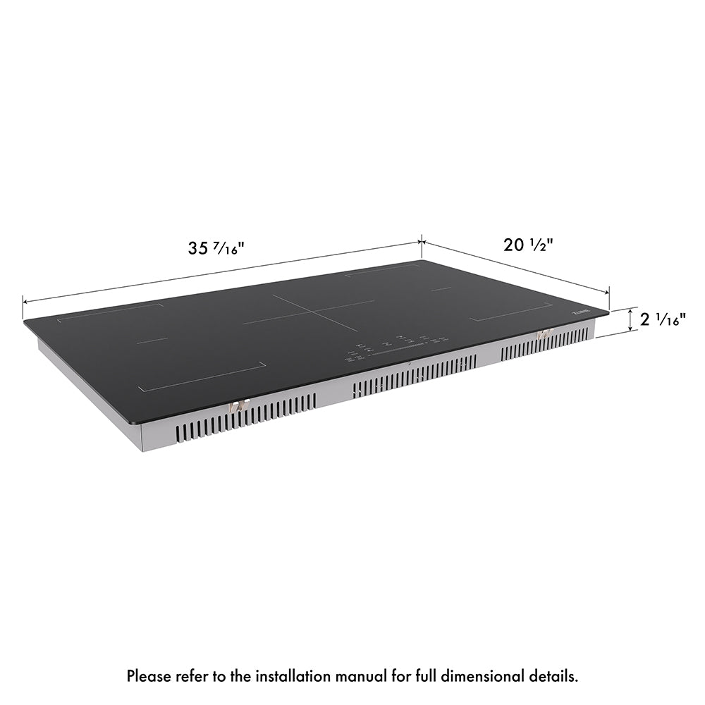 ZLINE 36 in. Induction Cooktop with Anti-Scratch Glass and 5 Elements (FCIND-36) with dimensions labeled.