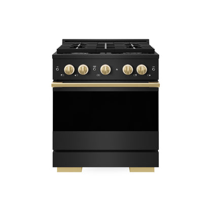 ZLINE Autograph Edition 30 in. 4.2 cu. ft. Marino Dual Fuel Range with 4 Burner Gas Cooktop and Electric Convection Oven in Black Stainless Steel with Polished Gold Accents (MDRBZ-30-G)