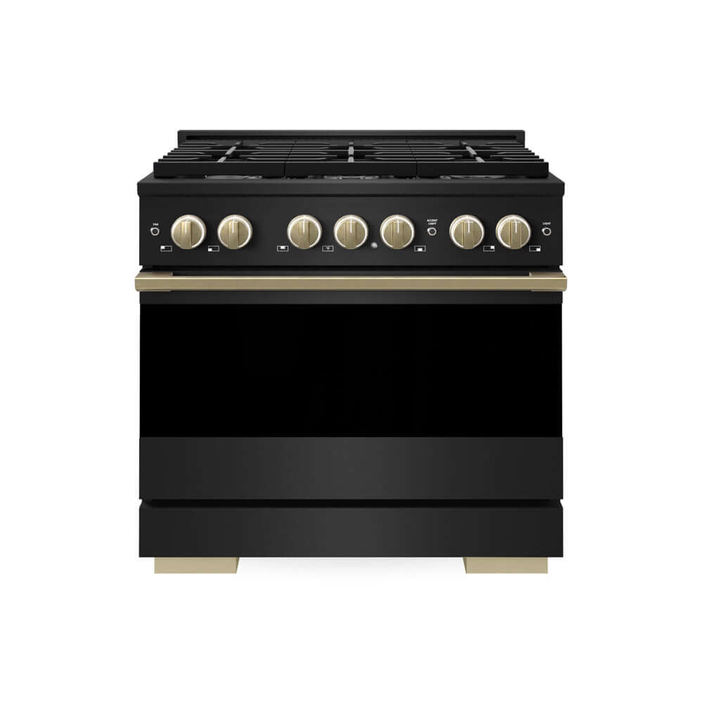 ZLINE Autograph Edition 36 in. 5.2 cu. ft. Marino Dual Fuel Range with 6 Burner Gas Cooktop and Electric Convection Oven in Black Stainless Steel with Champagne Bronze Accents (MDRBZ-36-CB) main image.