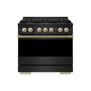 ZLINE Autograph Edition 36 in. 5.2 cu. ft. Marino Dual Fuel Range with 6 Burner Gas Cooktop and Electric Convection Oven in Black Stainless Steel with Champagne Bronze Accents (MDRBZ-36-CB) main image.