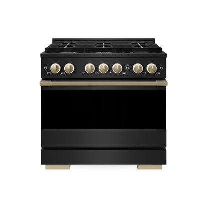 ZLINE Autograph Edition 36 in. 5.2 cu. ft. Marino Dual Fuel Range with 6 Burner Gas Cooktop and Electric Convection Oven in Black Stainless Steel with Champagne Bronze Accents (MDRBZ-36-CB)