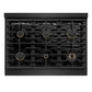 ZLINE Autograph Edition 36 in. 5.2 cu. ft. Marino Dual Fuel Range with 6 Burner Gas Cooktop and Electric Convection Oven in Black Stainless Steel with Polished Gold Accents (MDRBZ-36-G)