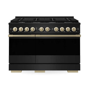 ZLINE Autograph Edition 48 in. 6.7 cu. ft. Marino Double Oven Dual Fuel Range with 8 Burner Gas Cooktop in Black Stainless Steel and Champagne Bronze Accents (MDRBZ-48-CB) main image.