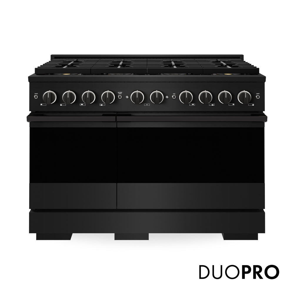 ZLINE 48 in. 6.7 cu. ft. Marino Dual Fuel Range with 8 Burner DuoPro™ Cooktop and Dual Ovens in Black Stainless Steel (PMDRB-48) main image.