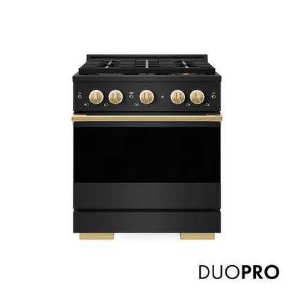 ZLINE Autograph Edition 30 in. 4.2 cu. ft. Marino Dual Fuel Range with 4 Burner DuoPro™ Cooktop and Electric Convection Oven in Black Stainless Steel and Polished Gold Accents (PMDRBZ-30-G)
