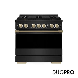 ZLINE Autograph Edition 36 in. 5.2 cu. ft. Marino Dual Fuel Range with 6 Burner DuoPro™ Cooktop and Electric Convection Oven in Black Stainless Steel and Champagne Bronze Accents (PMDRBZ-36-CB)