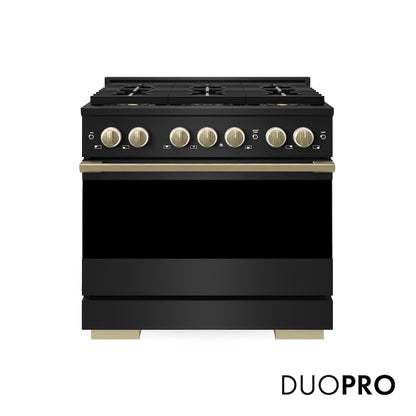 ZLINE Autograph Edition 36 in. 5.2 cu. ft. Marino Dual Fuel Range with 6 Burner DuoPro™ Cooktop and Electric Convection Oven in Black Stainless Steel and Champagne Bronze Accents (PMDRBZ-36-CB)