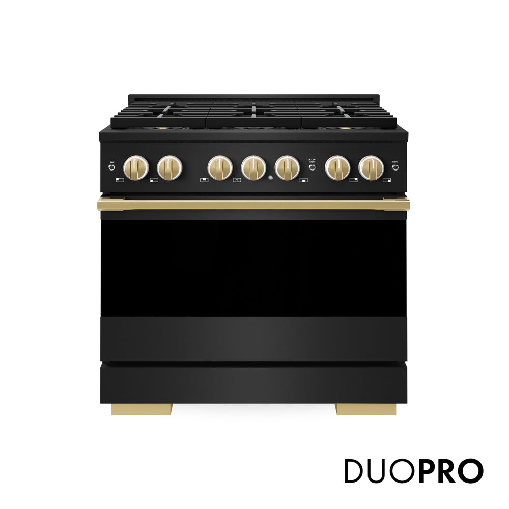 ZLINE Autograph Edition 36 in. 5.2 cu. ft. Marino Dual Fuel Range with 6 Burner DuoPro™ Cooktop and Electric Convection Oven in Black Stainless Steel and Polished Gold Accents (PMDRBZ-36-G) main image.