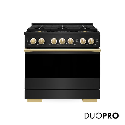 ZLINE Autograph Edition 36 in. 5.2 cu. ft. Marino Dual Fuel Range with 6 Burner DuoPro™ Cooktop and Electric Convection Oven in Black Stainless Steel and Polished Gold Accents (PMDRBZ-36-G)
