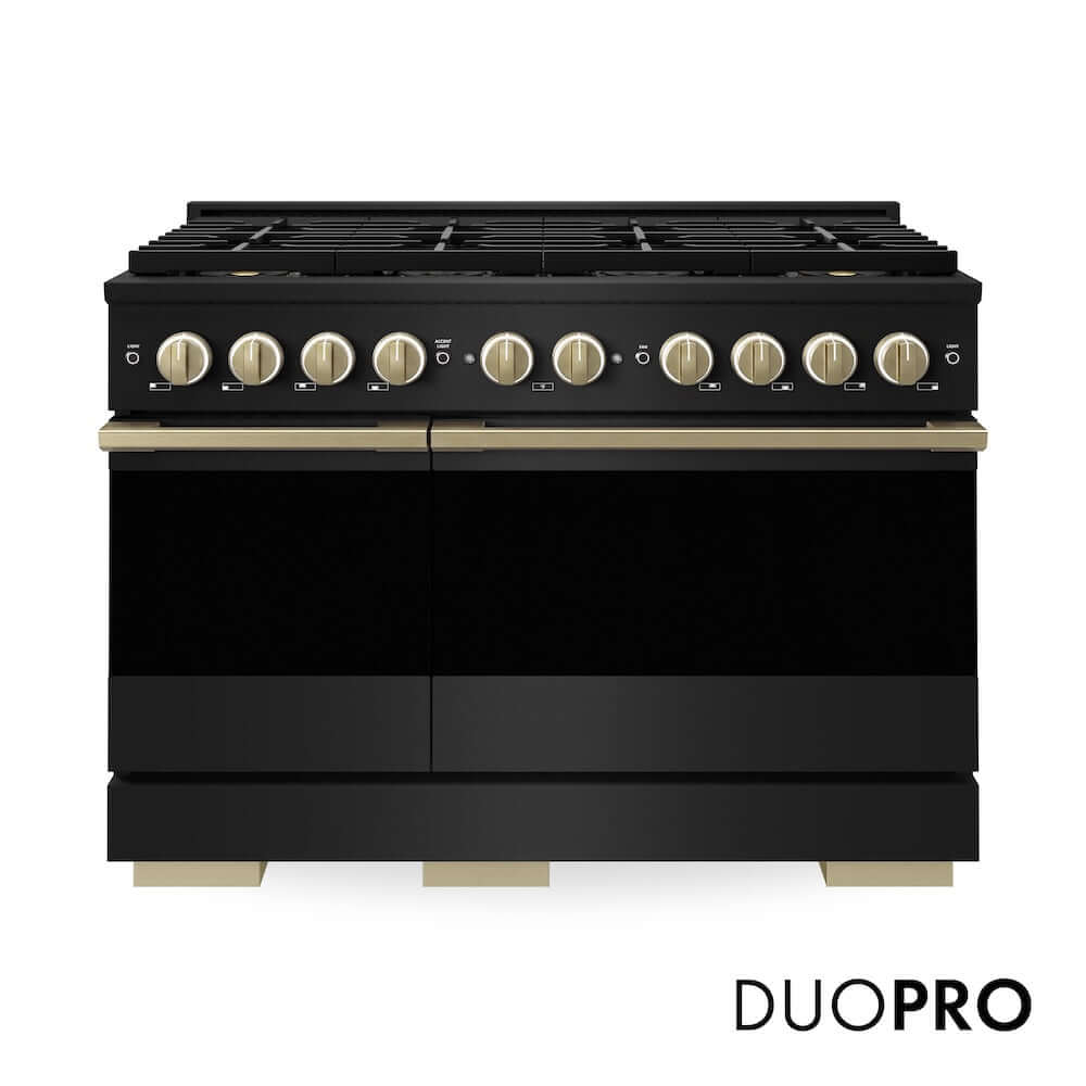 ZLINE Autograph Edition 48 in. 6.7 cu. ft. Marino Dual Fuel Range with 8 Burner DuoPro™ Cooktop and Dual Ovens in Black Stainless Steel and Champagne Bronze Accents (PMDRBZ-48-CB)