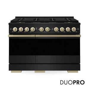 ZLINE Autograph Edition 48 in. 6.7 cu. ft. Marino Dual Fuel Range with 8 Burner DuoPro™ Cooktop and Dual Ovens in Black Stainless Steel and Champagne Bronze Accents (PMDRBZ-48-CB)