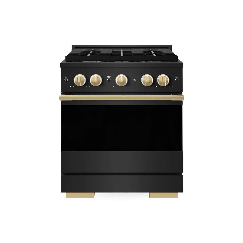 ZLINE Autograph Edition 30 in. 4.2 cu. ft. Marino Gas Range with 4 Burner Cooktop and Convection Gas Oven in Black Stainless Steel and Polished Gold Accents (MGRBZ-30-G) main image.