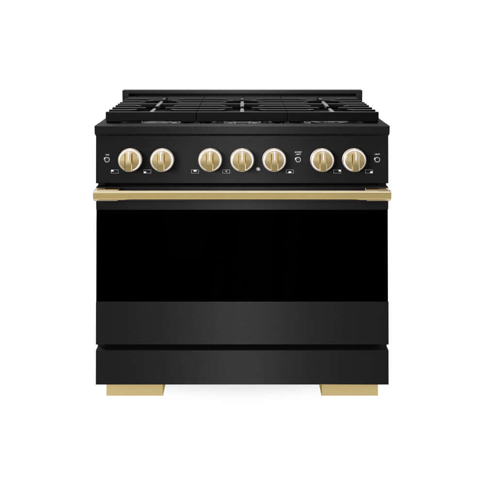 ZLINE Autograph Edition 36 in. 5.2 cu. ft. Marino Gas Range with 6 Burner Cooktop and Convection Gas Oven in Black Stainless Steel and Polished Gold Accents (MGRBZ-36-G) main image.