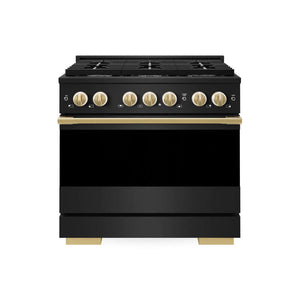ZLINE Autograph Edition 36 in. 5.2 cu. ft. Marino Gas Range with 6 Burner Cooktop and Convection Gas Oven in Black Stainless Steel and Polished Gold Accents (MGRBZ-36-G) main image.